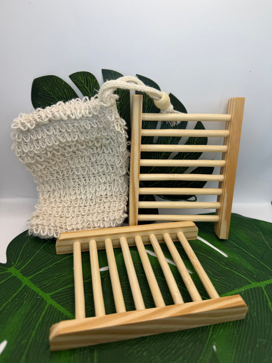 Exfoliating Soap Saver Pouch + Eco-Friendly Wooden Soap Dish